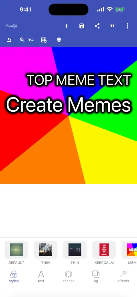 Интерфейс PixelLab на iPhone с холстом, верхней панелью и вкладками styles, text, shapes, bg и effects