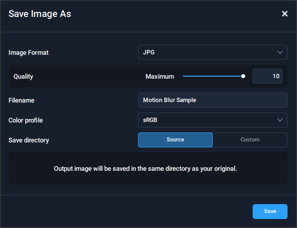 Диалог Save Image As в Topaz Sharpen AI с JPG, качеством, профилем sRGB и каталогом сохранения