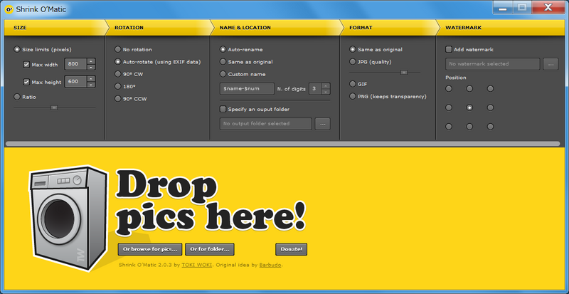 Главное окно Shrink O'Matic 2.0.3 с панелями Size, Rotation, Name & Location, Format и Watermark