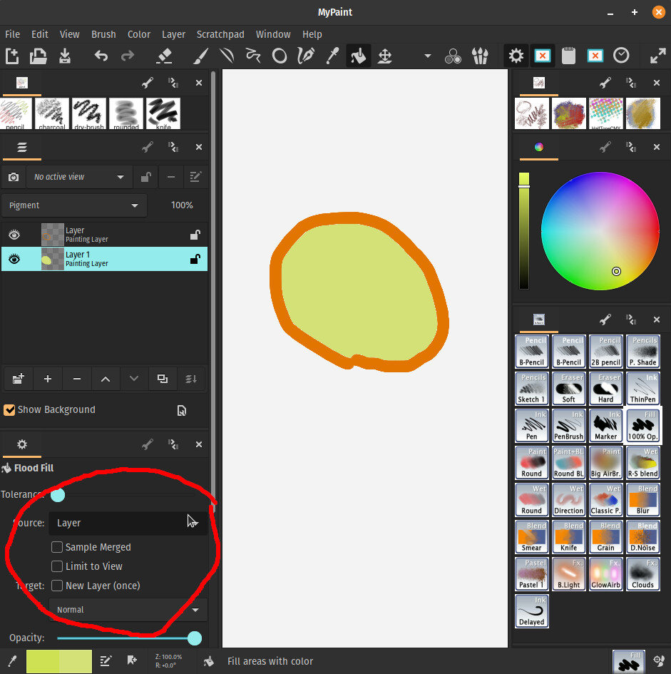 MyPaint 2.0.1 с раскрытыми параметрами Flood Fill и выбором источника заливки