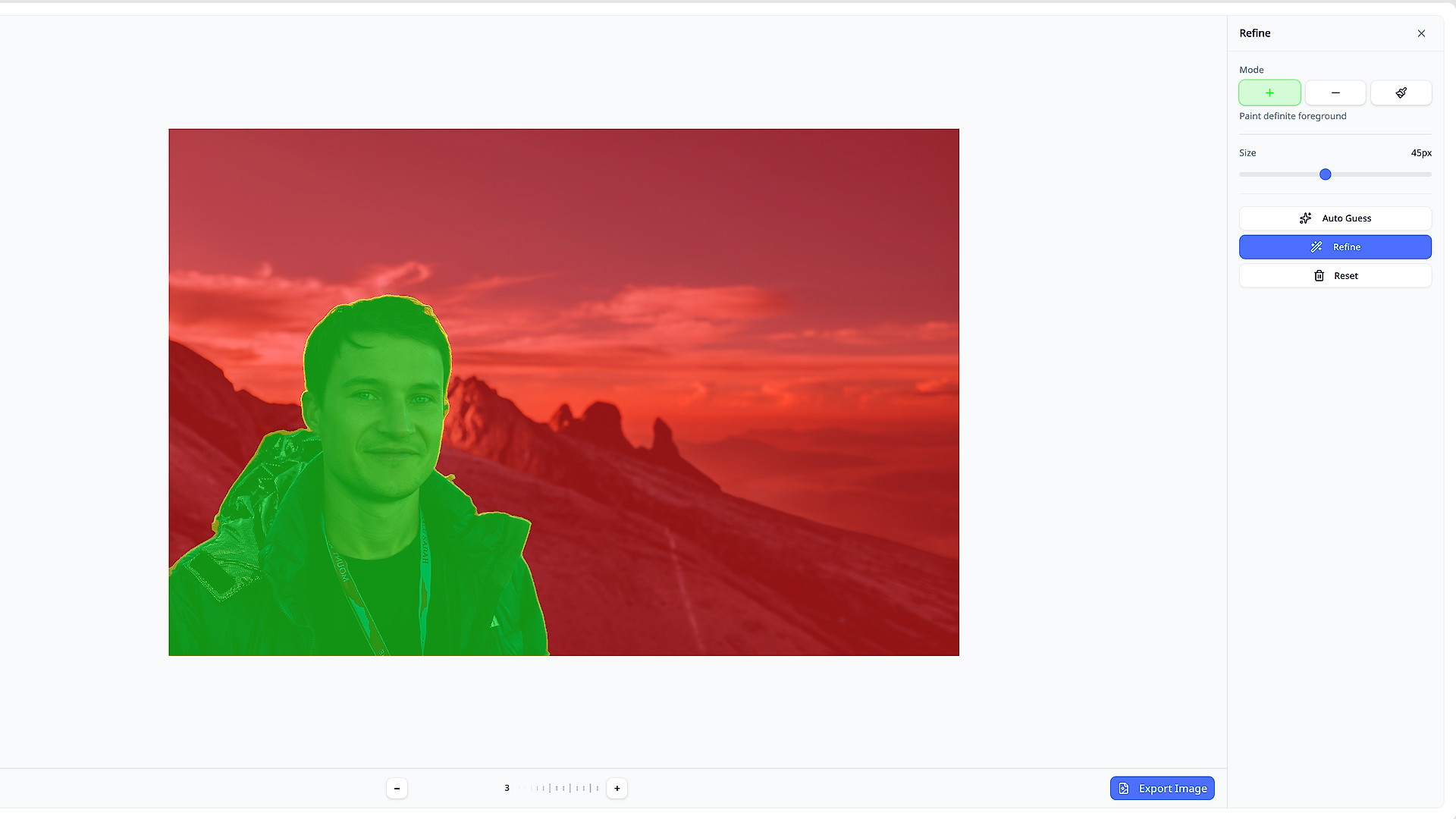 Панель Refine в BackgroundCut с цветной маской, размером кисти и кнопками Auto Guess, Refine и Reset