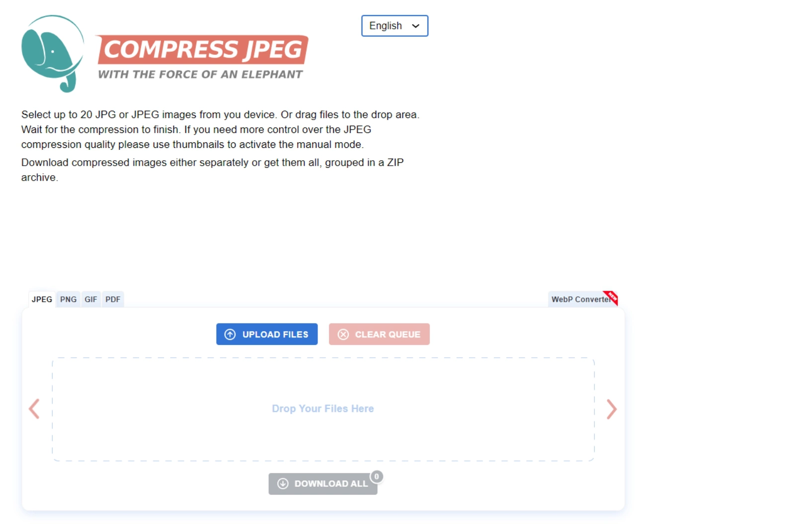Предыдущий интерфейс compressjpeg.com с кнопками Upload Files и Download All