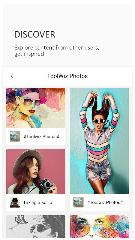 Раздел Discover в Toolwiz Photos с лентой пользовательских изображений