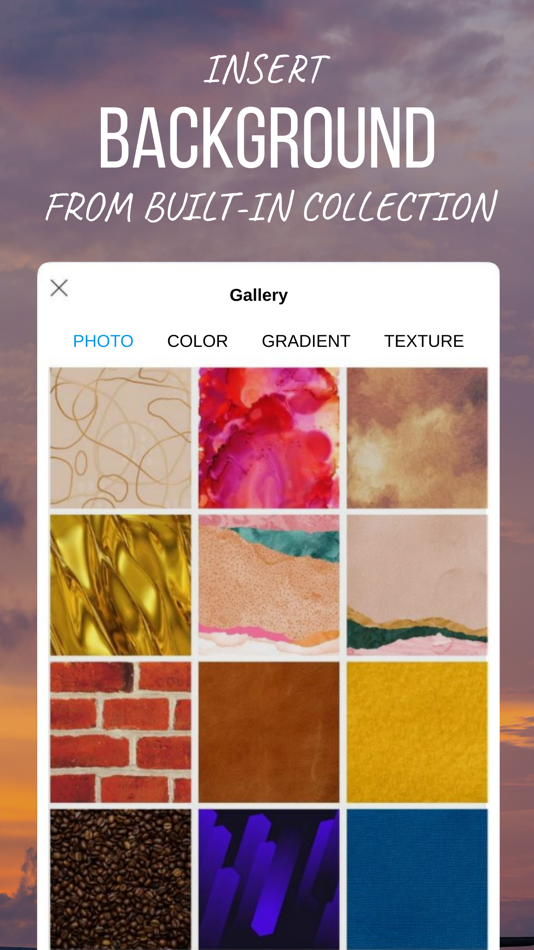 Окно Gallery в Texta с вкладками Photo, Color, Gradient и Texture