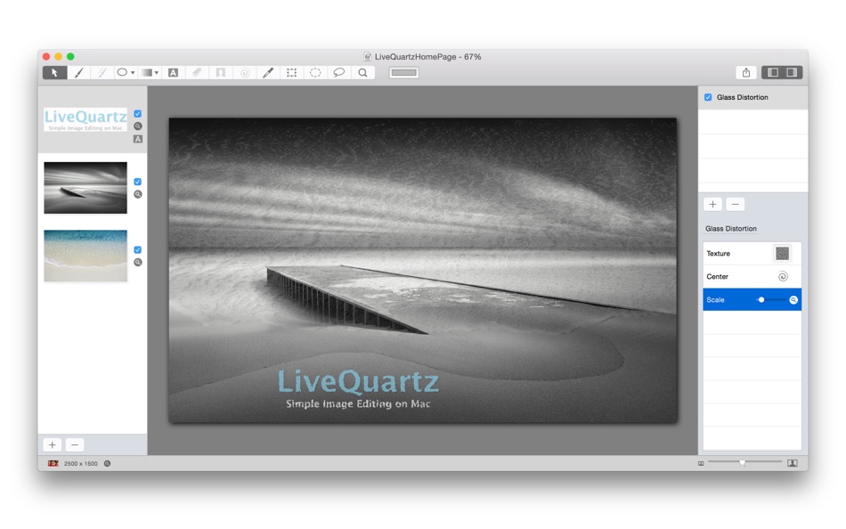 LiveQuartz с несколькими слоями и фильтром Glass Distortion на правой панели