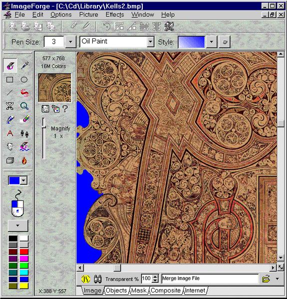 Интерфейс ImageForge PRO с кистью Oil Paint, панелью цветов и вкладками Image, Objects, Mask, Composite, Internet