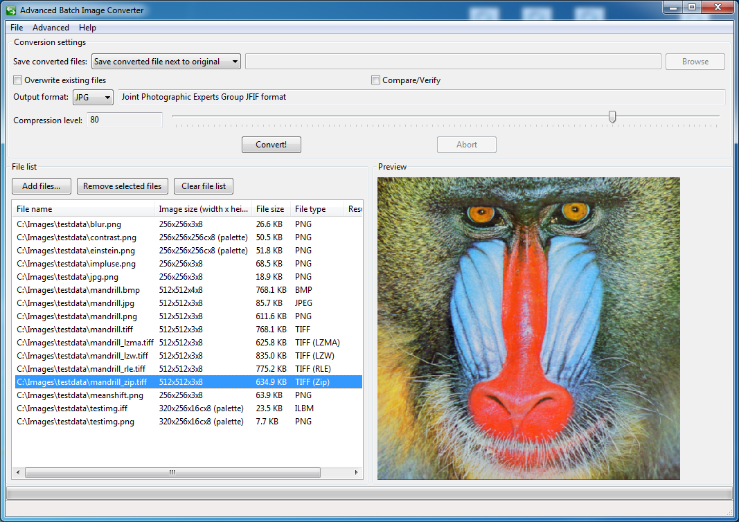 Главное окно Advanced Batch Image Converter в Windows со списком файлов, настройками конвертации и предварительным просмотром
