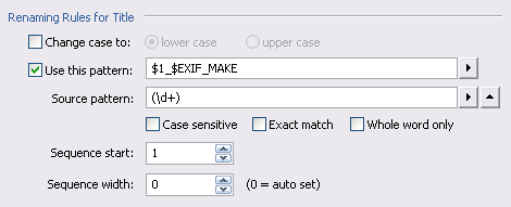 Параметры Rename File в SunlitGreen BatchBlitz с регулярным выражением и макросом Exif