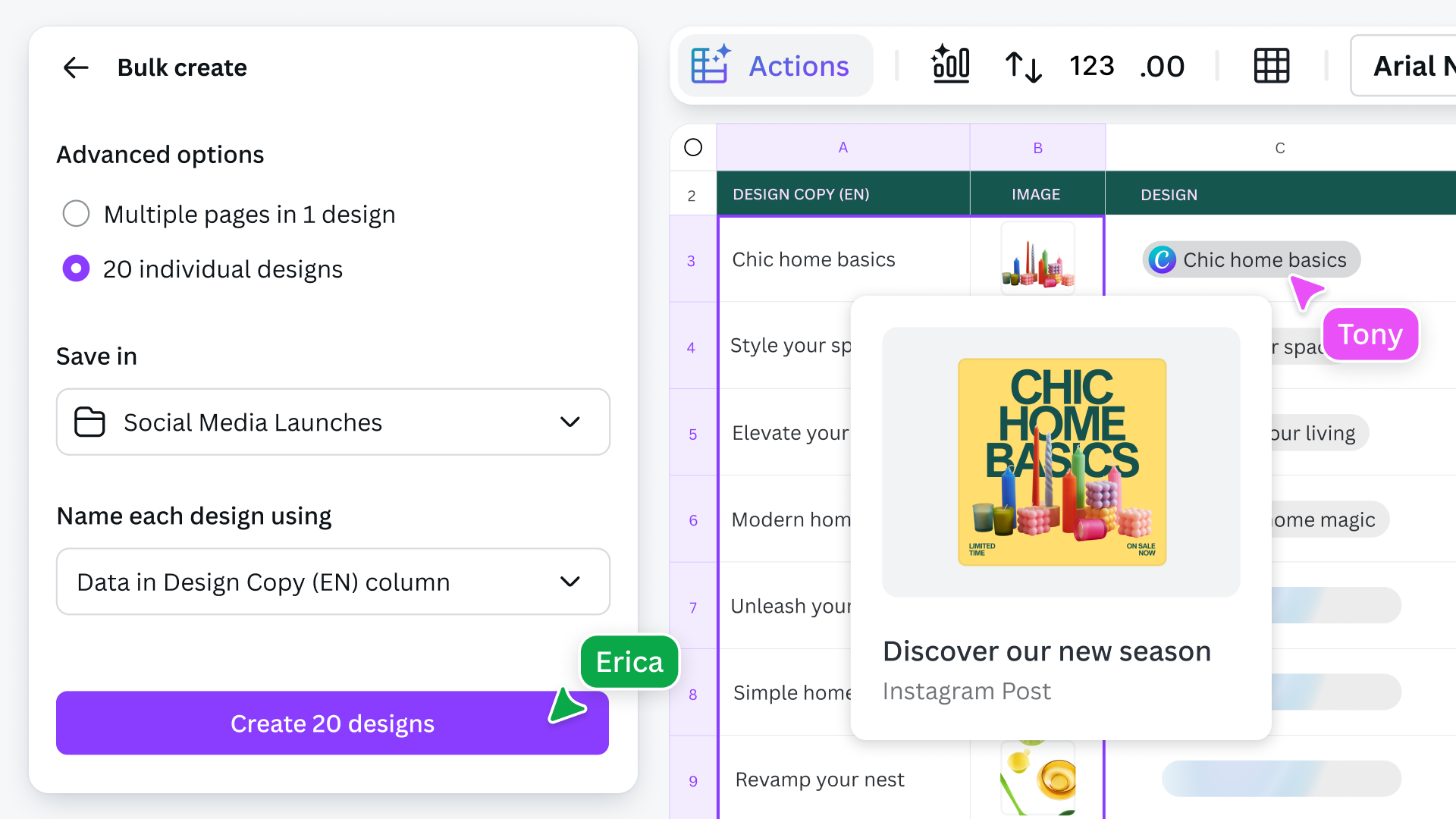Интерфейс Canva Sheets и массового создания дизайнов из таблицы