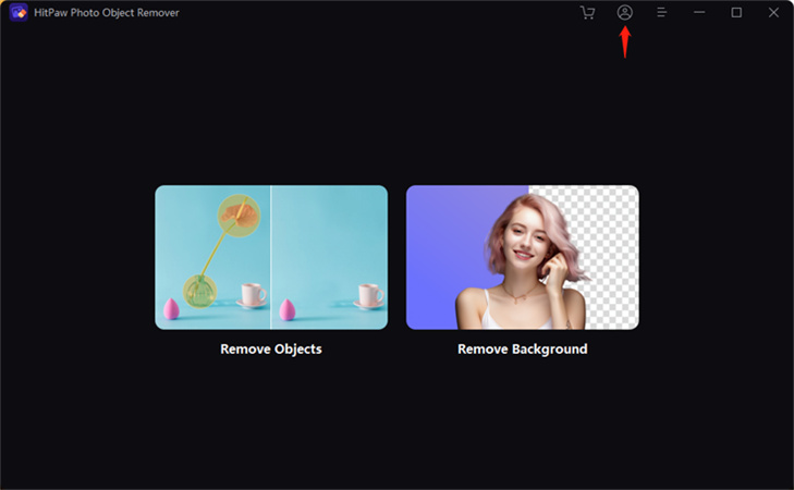Стартовое окно HitPaw Photo Object Remover с режимами Remove Objects и Remove Background