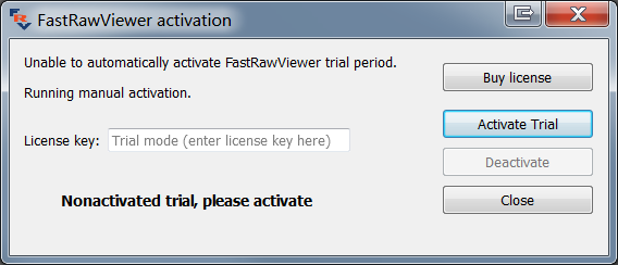 Окно активации пробной версии FastRawViewer
