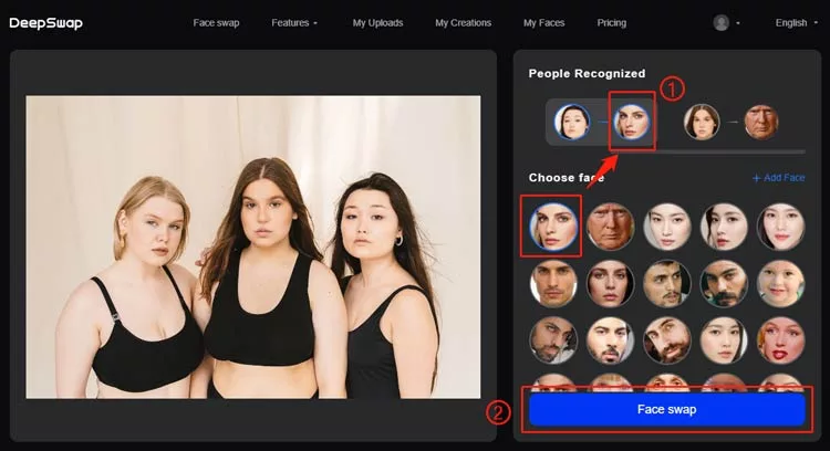 Назначение нового лица и запуск Face swap в DeepSwap