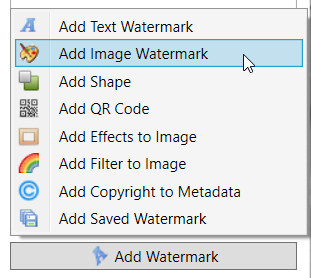 Меню Add Watermark в uMark с текстом, логотипом, фигурами, QR-кодом, эффектами и метаданными
