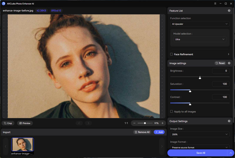 Рабочее окно AVCLabs Photo Enhancer AI после импорта фотографии