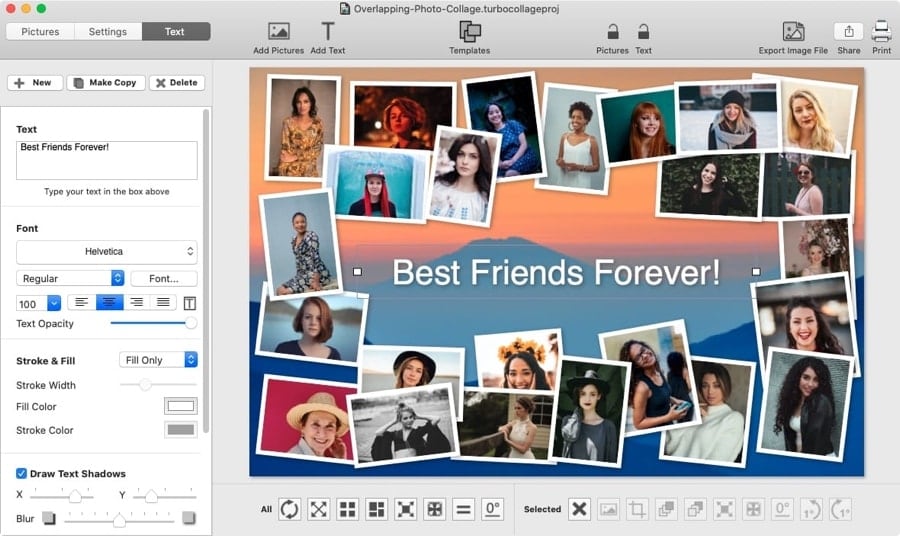 Вкладка Text в TurboCollage с настройками шрифта, заливки, обводки и тени