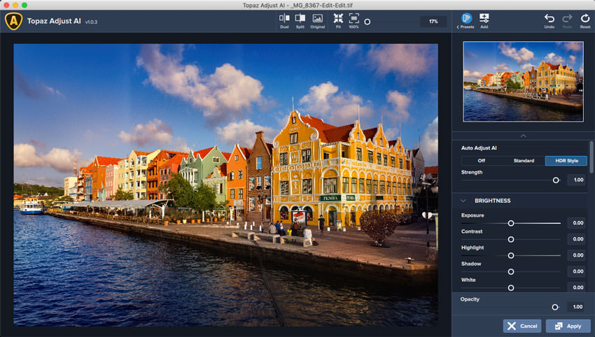 Интерфейс Topaz Adjust AI с режимом HDR Style и панелью Brightness