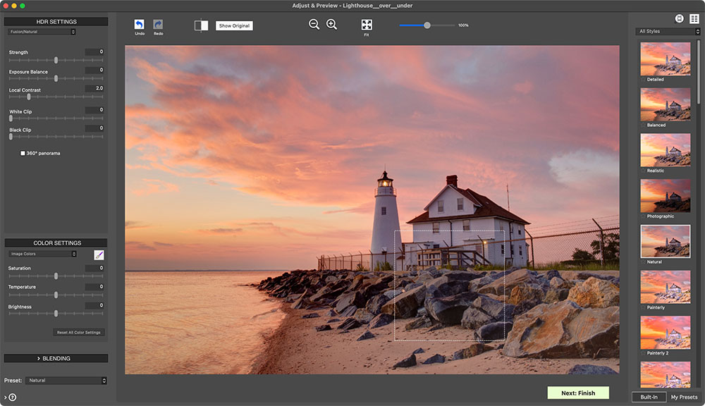 Окно Adjust and Preview в Photomatix Pro 7 с панелью настроек и пресетами