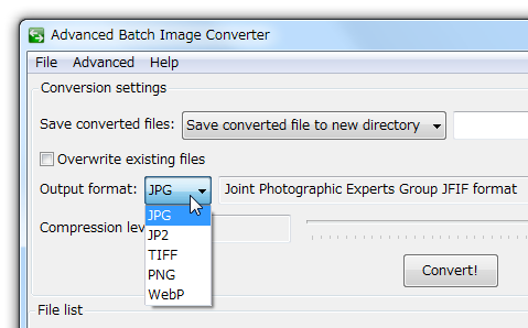 Основной список выходных форматов JPG, JP2, TIFF, PNG и WebP в ABIC