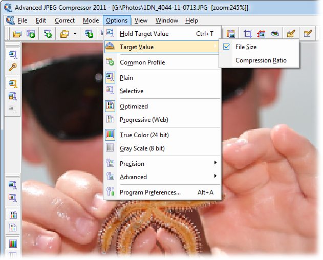 Меню Options Advanced JPEG Compressor с выбором File Size и Compression Ratio