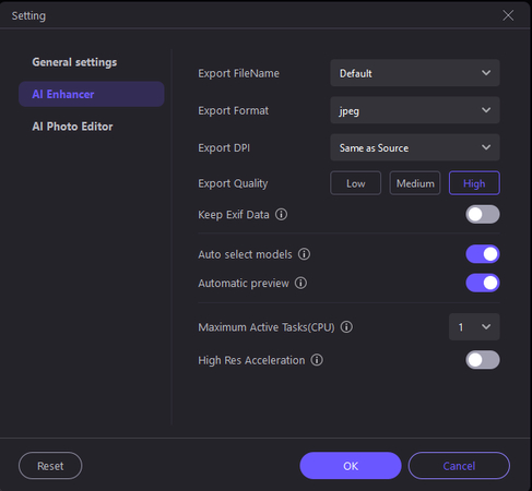 Параметры AI Enhancer: формат, DPI, качество, EXIF, автоматический Preview и ускорение высокого разрешения
