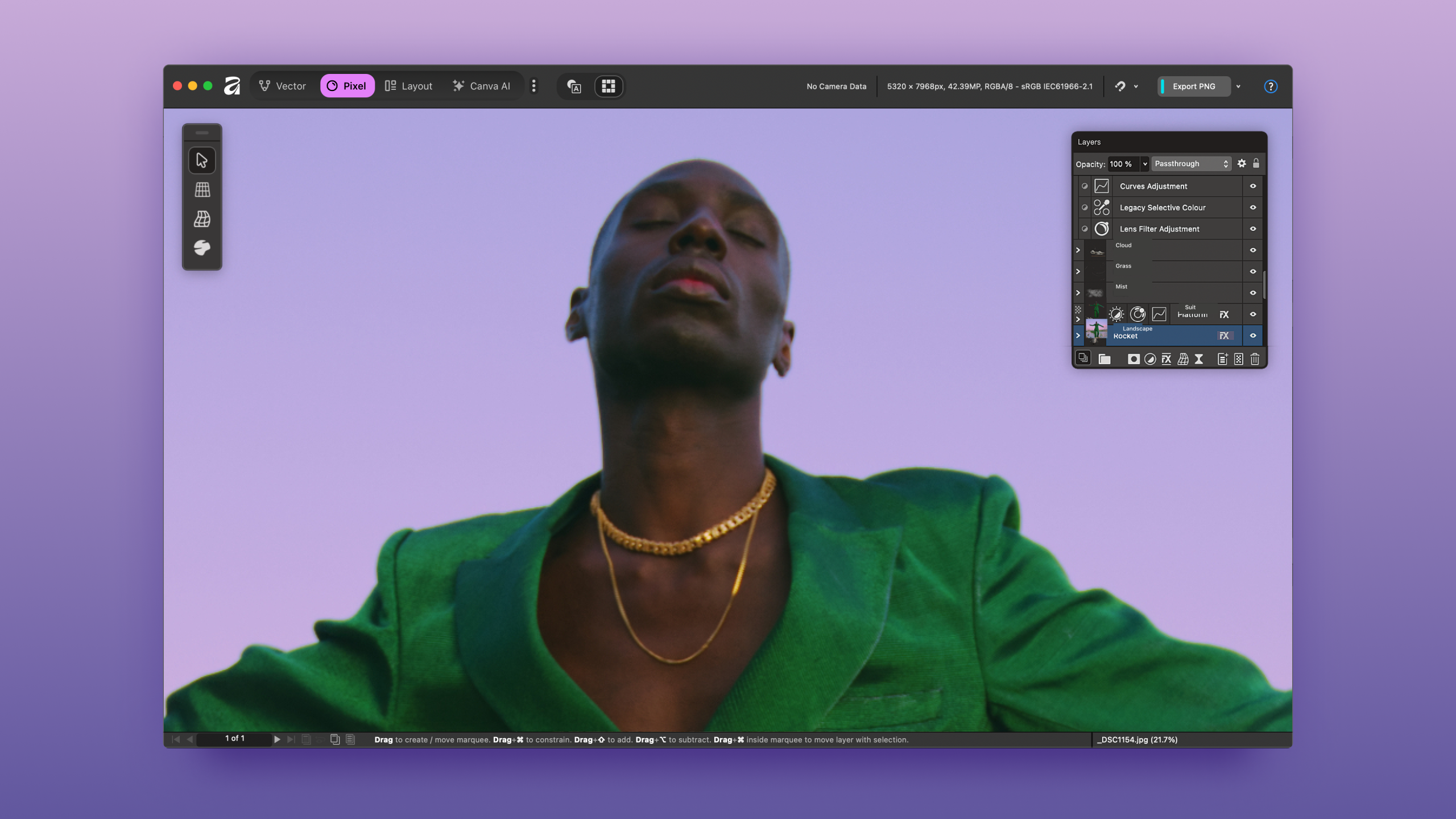 Pixel Studio в Affinity с панелью слоев и корректирующими элементами