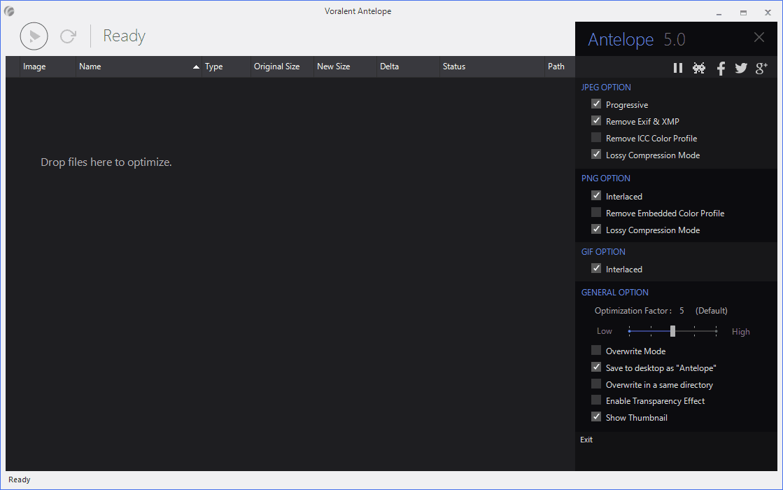 Панель настроек Voralent Antelope 5.0 с параметрами JPEG PNG GIF и общими опциями