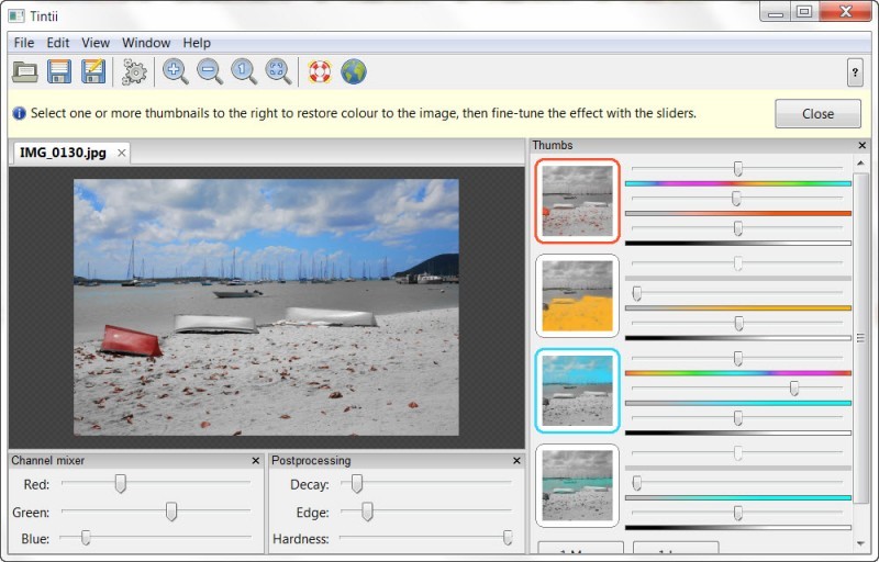 Tintii Photo Filter с четырьмя цветовыми группами на панели Thumbs и выборочным сохранением цветов на фотографии пляжа