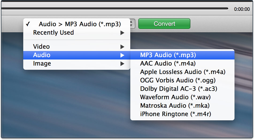 Меню аудиоформатов MP3, AAC, Apple Lossless, OGG, AC3, WAV, MKA и M4R в Adapter