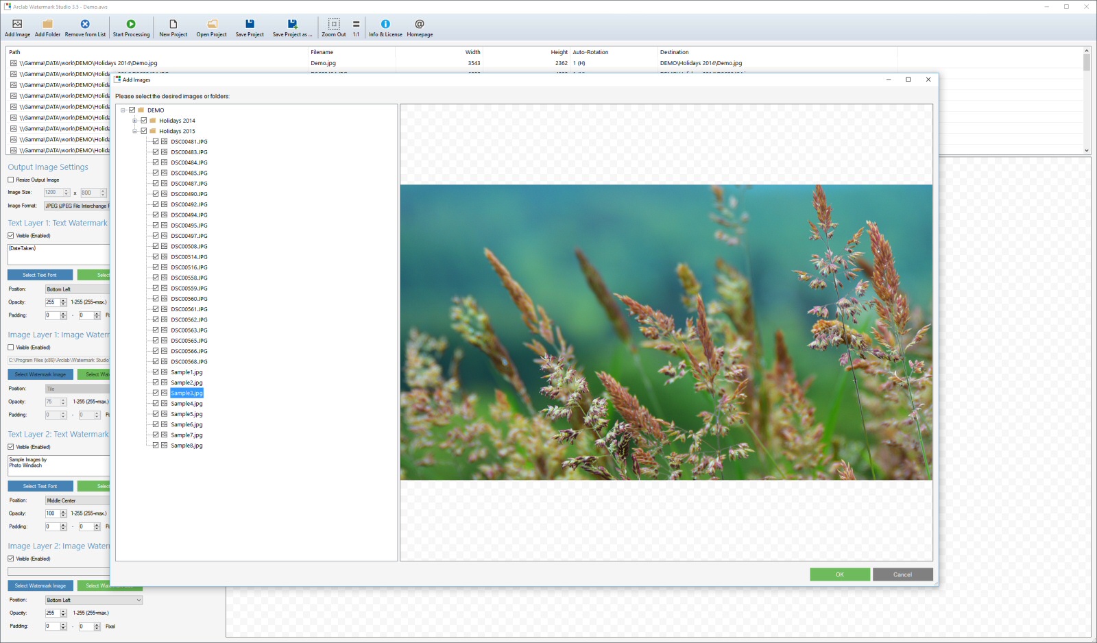 Диалог выбора изображений и папок в Arclab Watermark Studio