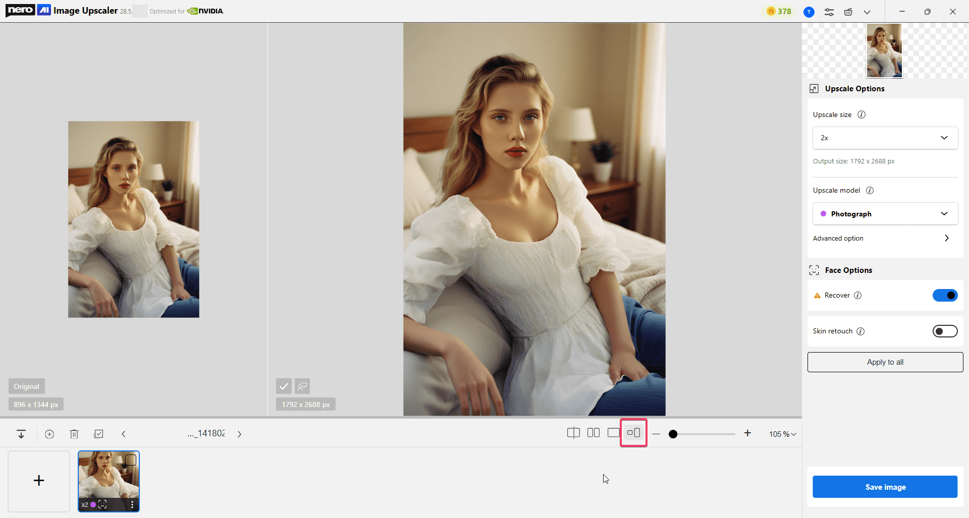 Сравнение оригинала и обработанного портрета в Nero AI Image Upscaler с Face Recovery