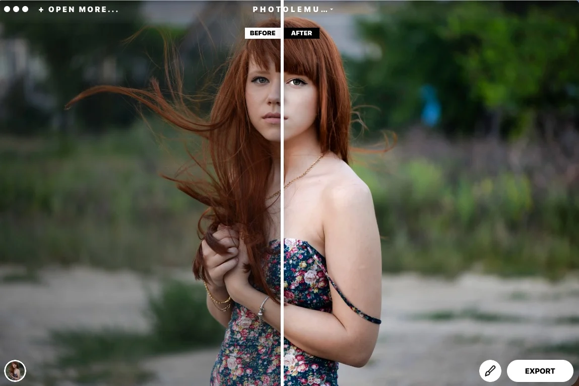 Photolemur с портретом в режиме Before и After и кнопкой Export