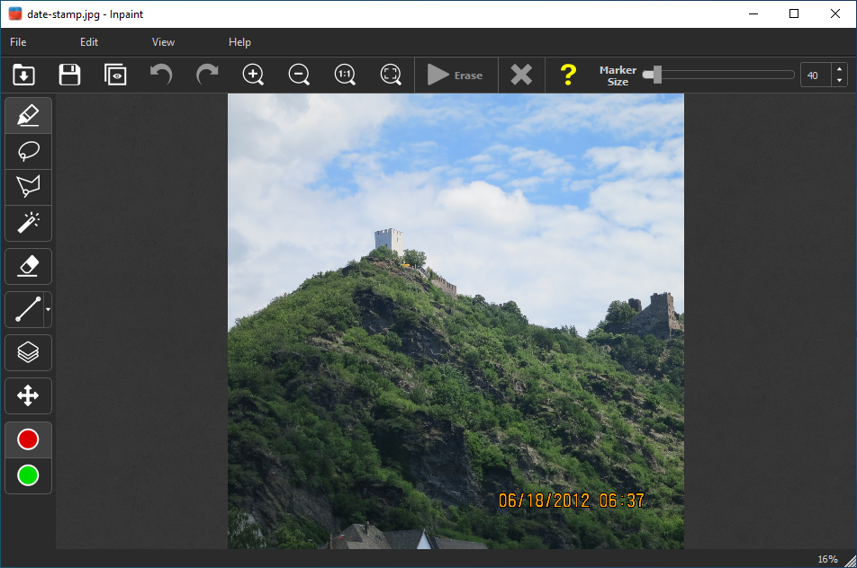 Окно Inpaint с фотографией и штампом даты перед пакетной обработкой