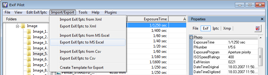 Меню Import Export Exif Pilot с командами XML, MS Excel и CSV