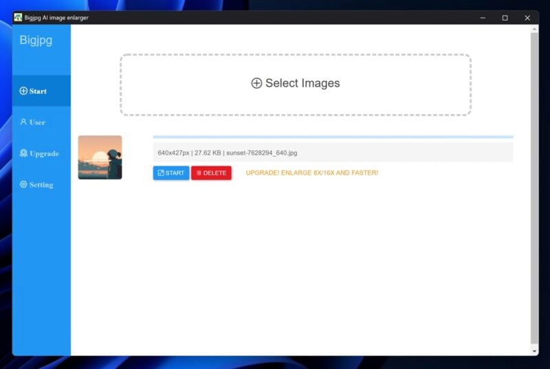 Главное окно Bigjpg AI image enlarger для Windows