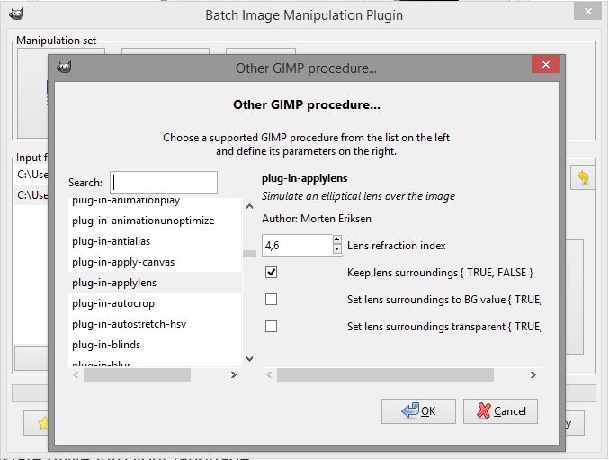 Выбор пользовательской процедуры GIMP и её параметров в BIMP
