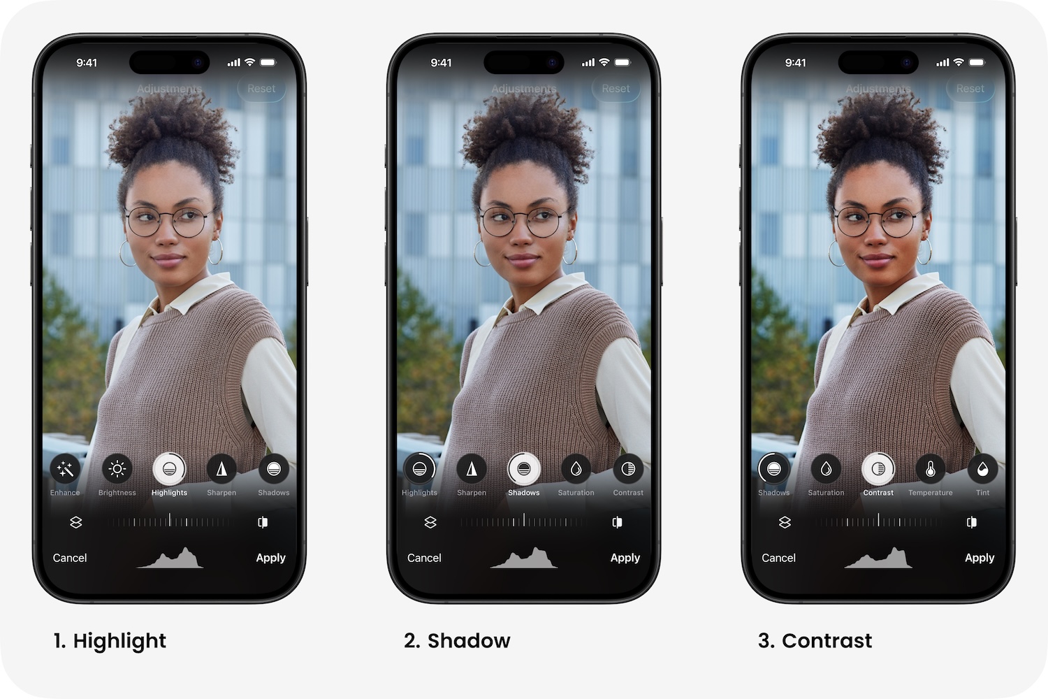 Инструмент Adjustments в FaceApp с параметрами Highlights, Shadows, Saturation, Contrast и Temperature