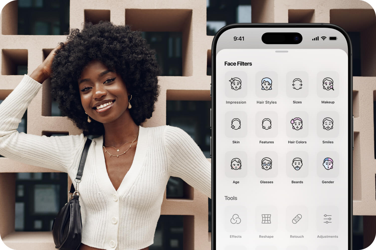 Меню Face Filters в FaceApp с категориями Impression, Hair Styles, Skin, Makeup, Age и другими