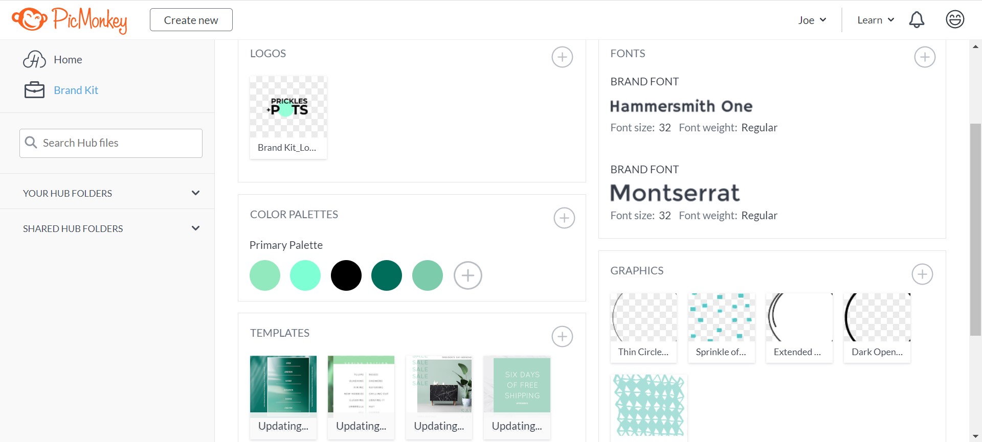 Раздел Brand Kit PicMonkey с логотипами, шрифтами, цветами и шаблонами