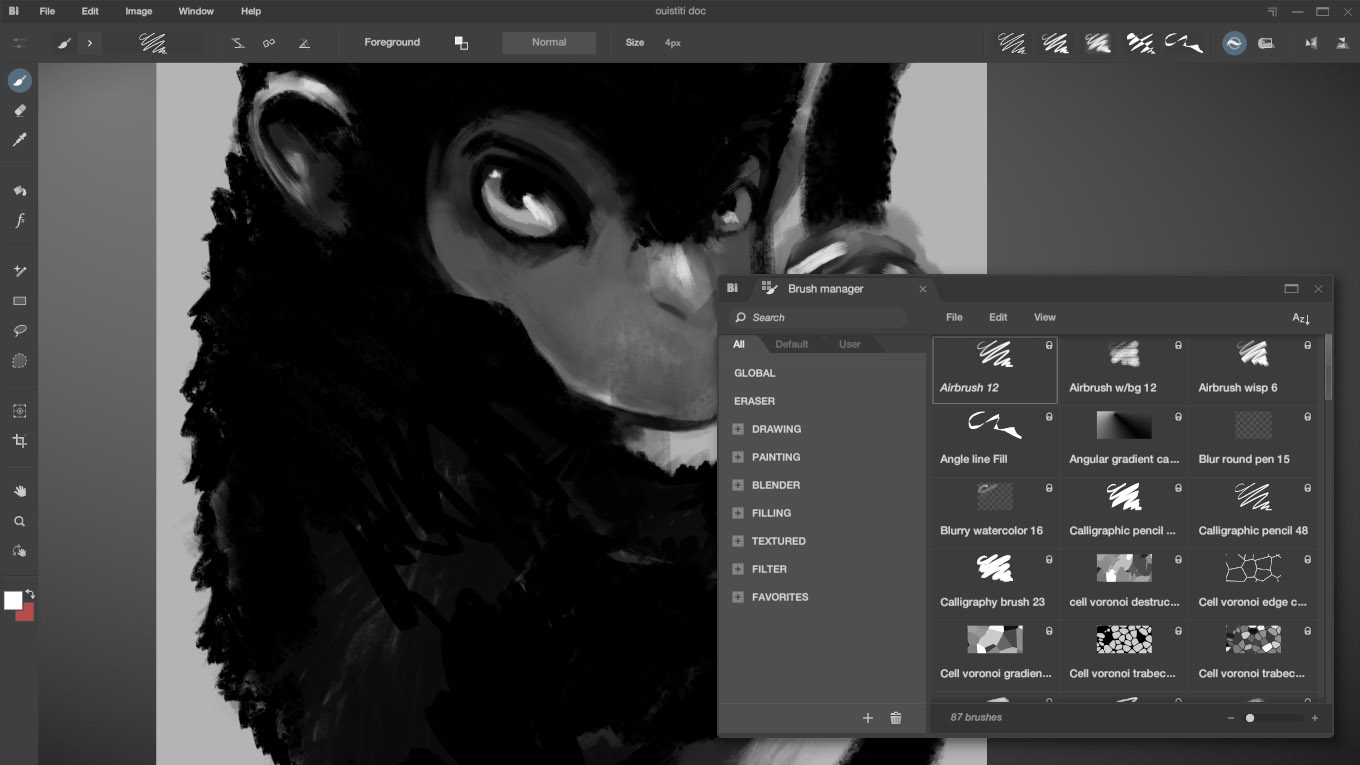 Панель Brush Manager в Black Ink со списком кистей, тегами и разделами
