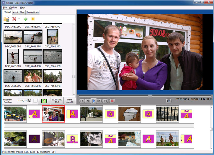 Главное окно Bolide Slideshow Creator с библиотекой фотографий, окном просмотра и раскадровкой