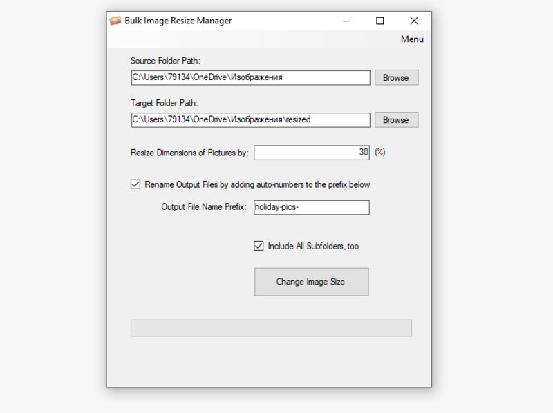 Главное окно Bulk Image Resize Manager с исходной и целевой папками, процентом, переименованием и обработкой подпапок