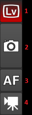 Левая панель qDslrDashboard с командами Live View, Capture, AF и Movie