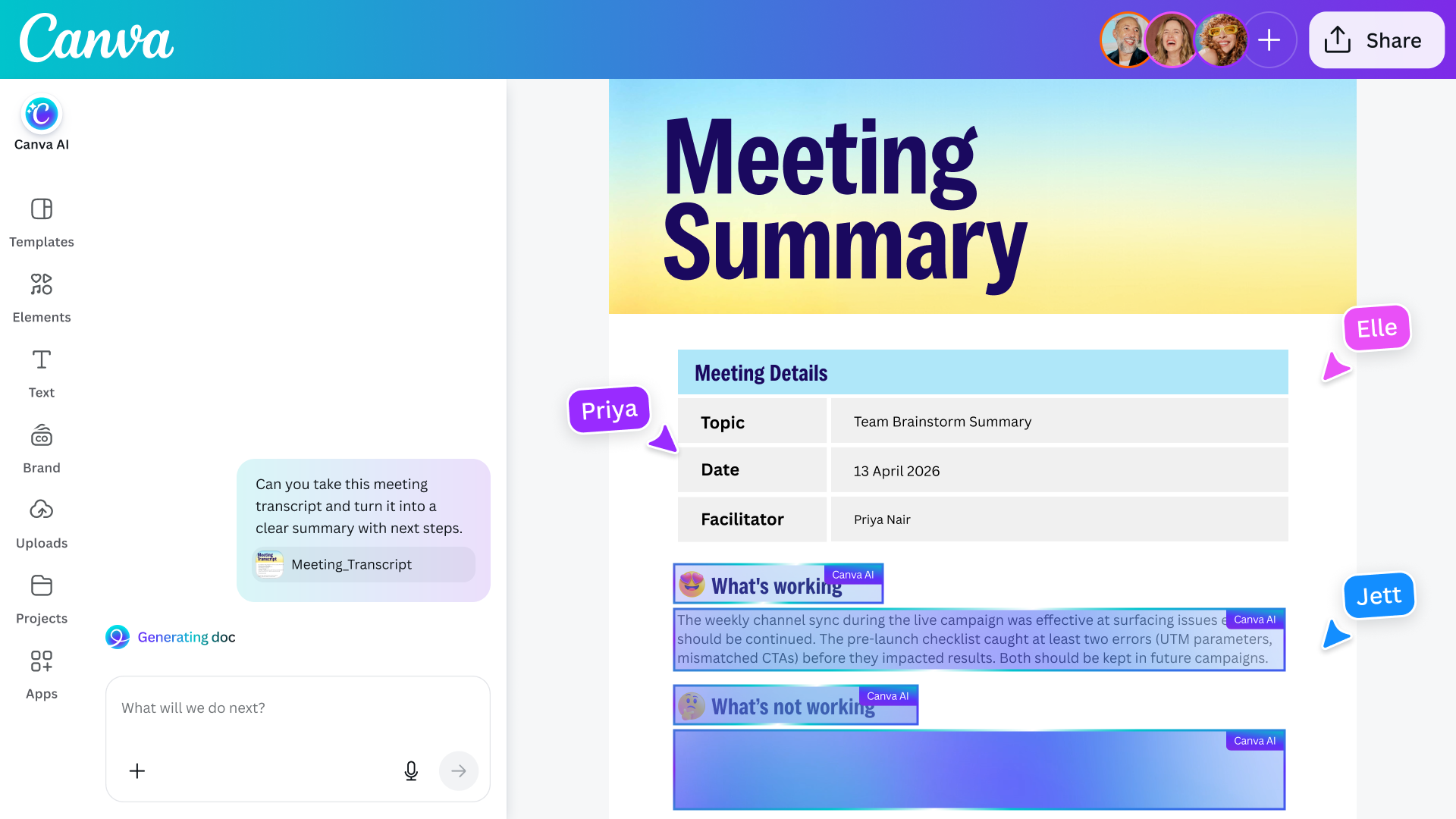 Панель Canva AI рядом с документом Canva Docs