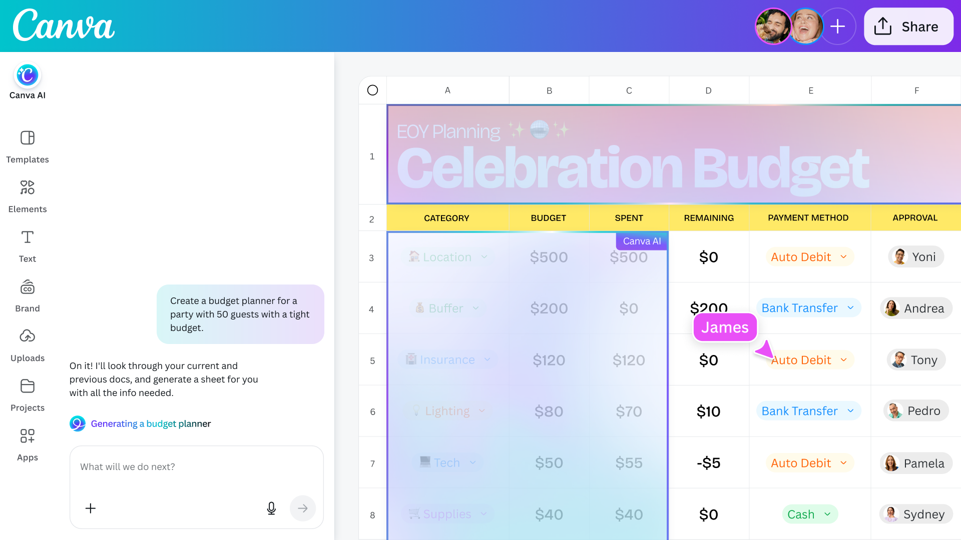 Canva AI в рабочем пространстве Canva Sheets