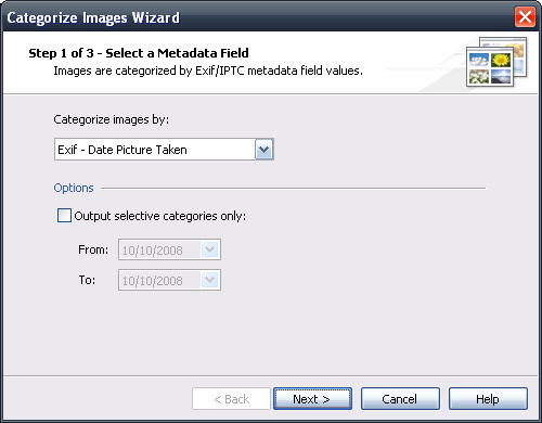 Первый шаг Categorize Images Wizard в SunlitGreen BatchBlitz с выбором поля Exif Date Picture Taken