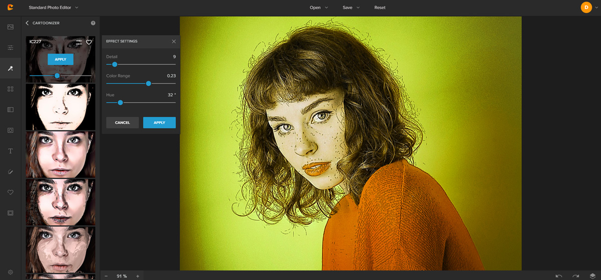 Расширенные настройки Cartoonizer в Colorcinch с ползунками Detail, Color Range и Hue