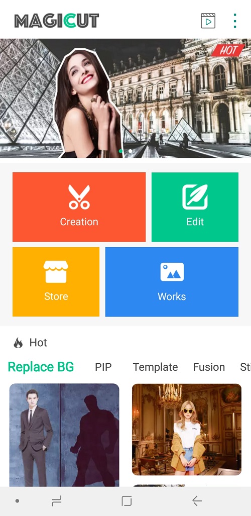 Ранний Android-интерфейс MagiCut со стартовыми разделами Creation, Edit, Store и Works