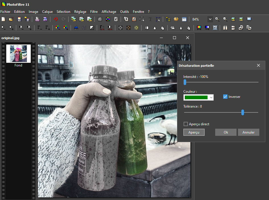 PhotoFiltre 11 с открытым диалогом частичной десатурации и панелью слоёв