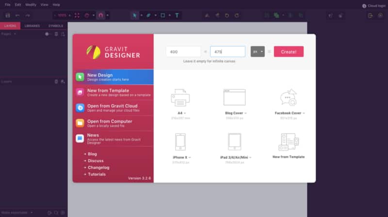 Историческое окно создания документа в Gravit Designer с настройкой размера страницы