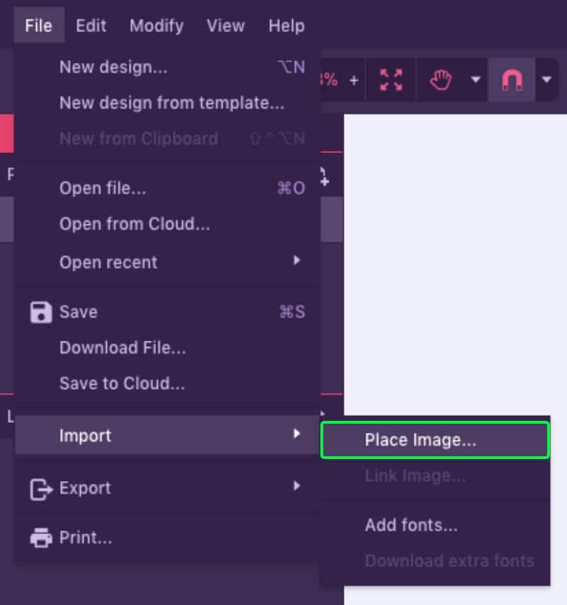 Меню импорта изображения через команду Place Image в Gravit Designer